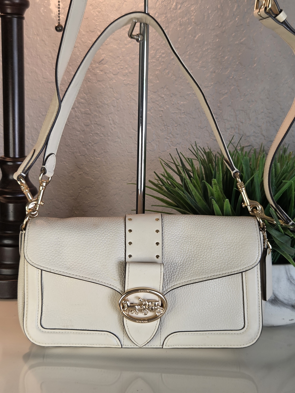 Coach Georgie Shoulder Bag With Rivets Chalk White Pebbled Leather Gold Hardware
